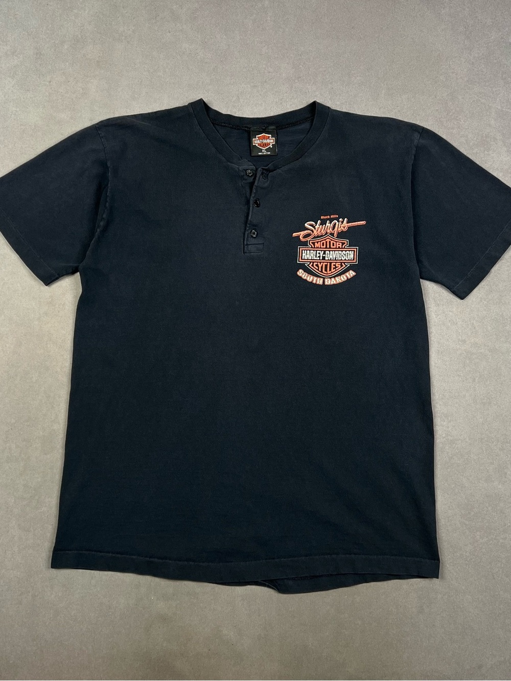 Vintage Harley-Davidson Black Short Sleeve Henley with Orange Logo 1996